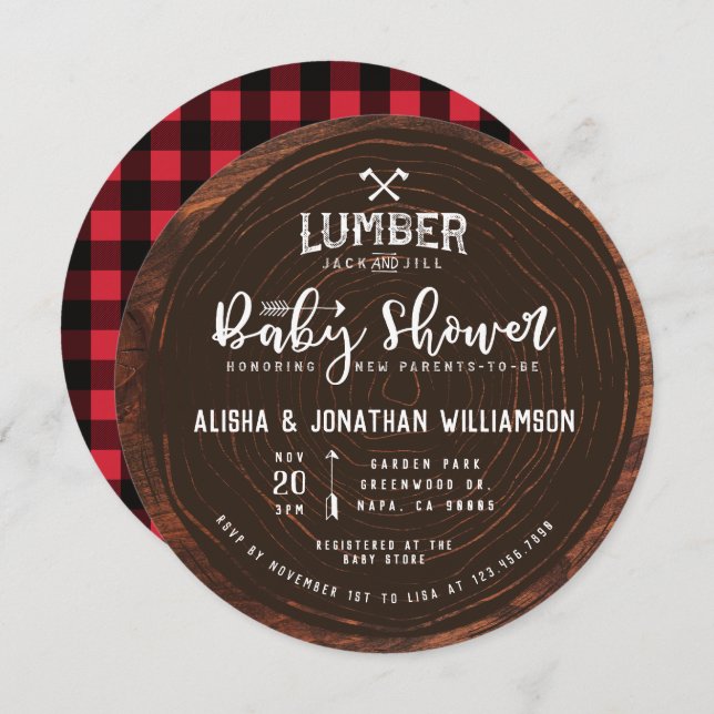 Lumberjack & Jill Baby Shower Wood & Red Plaid Invitation (Front/Back)