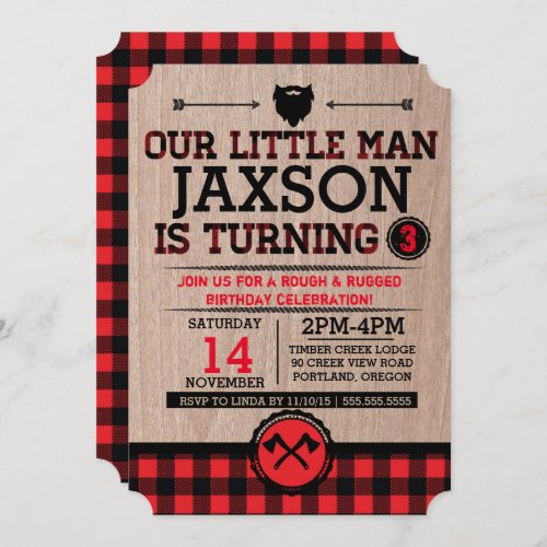 Lumberjack kids birthday plaid rustic little man invitation