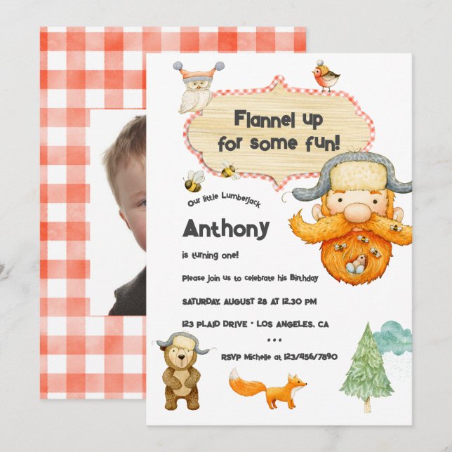 Lumberjack Kids Gingham Birthday Party Photo Invitation (Front/Back)