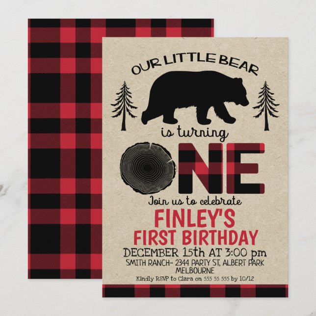 Lumberjack little Bear 1st Birthday Invitation (Front/Back)