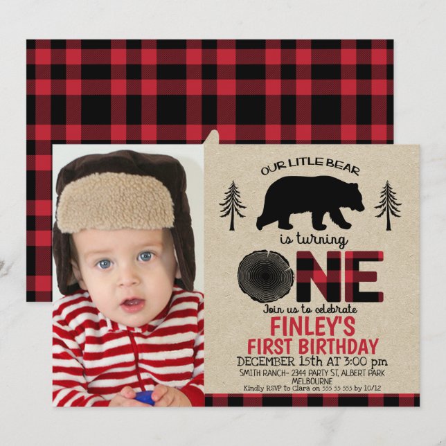Lumberjack little Bear Photo 1st Birthday Invite (Front/Back)