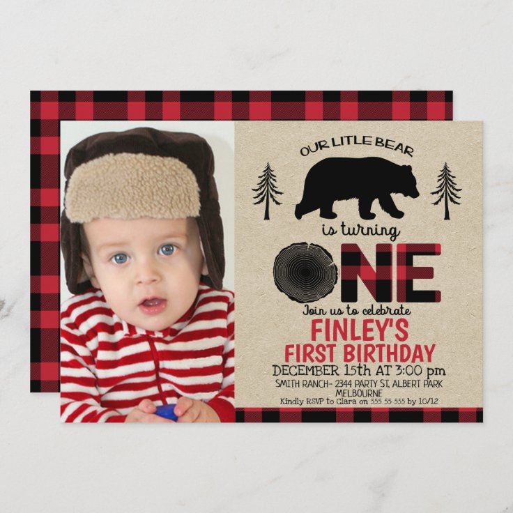 Lumberjack little Bear Photo 1st Birthday Invite | Zazzle