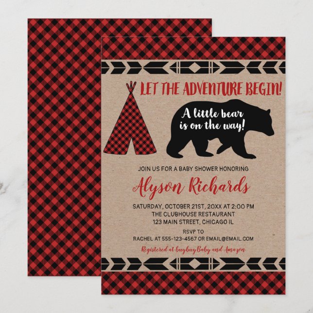Lumberjack little bear rustic boy baby shower invitation (Front/Back)