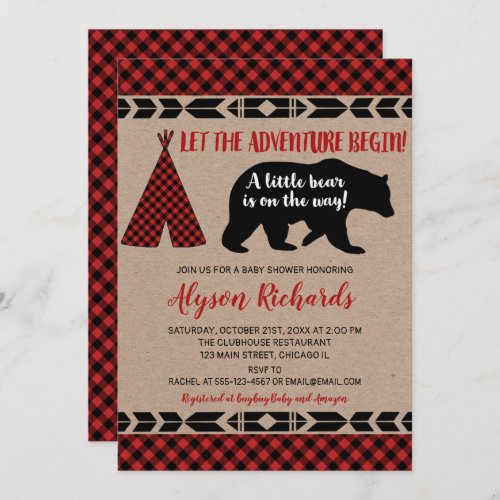 Lumberjack little bear rustic boy baby shower invitation