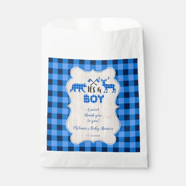 Lumberjack Little Hunter Blue Plaid Baby Shower Favor Bag (Front)