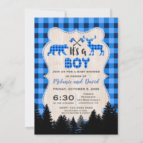 Lumberjack Little Hunter Blue Plaid Baby Shower Invitation