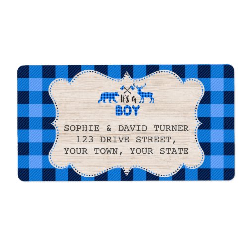 Lumberjack Little Hunter Blue Plaid Baby Shower Label