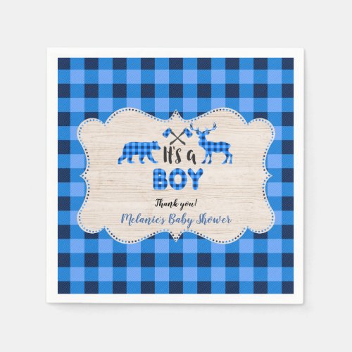 Lumberjack Little Hunter Blue Plaid Baby Shower Napkins