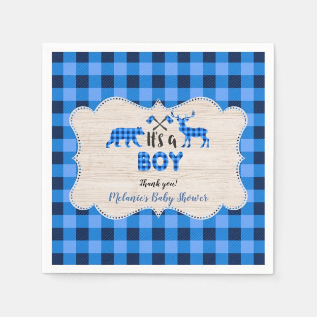 Lumberjack Little Hunter Blue Plaid Baby Shower Napkins (Front)