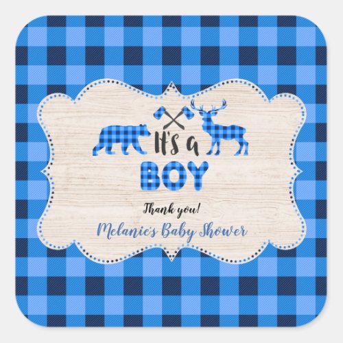 Lumberjack Little Hunter Blue Plaid Baby Shower Square Sticker