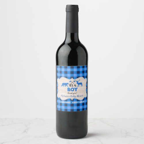 Lumberjack Little Hunter Blue Plaid Baby Shower Wine Label