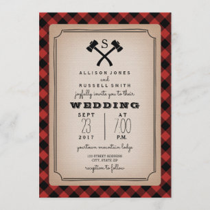 Lumberjack Monogram Axe Buffalo Plaid Wedding Invitation