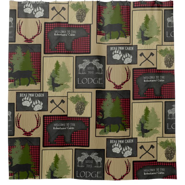 Lumberjack Mountain Bear Deer Cabin Personalized Shower Curtain (Front)