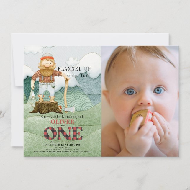 Lumberjack Mountains 1st Birthday Photo Invitation (Front)
