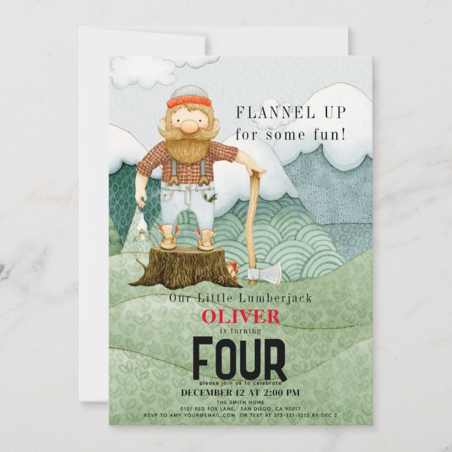 Lumberjack Mountains Buffalo Plaid Kids Birthday Invitation (Front)