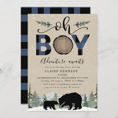 Lumberjack Navy Flannel Kraft Oh Boy Baby Shower Invitation