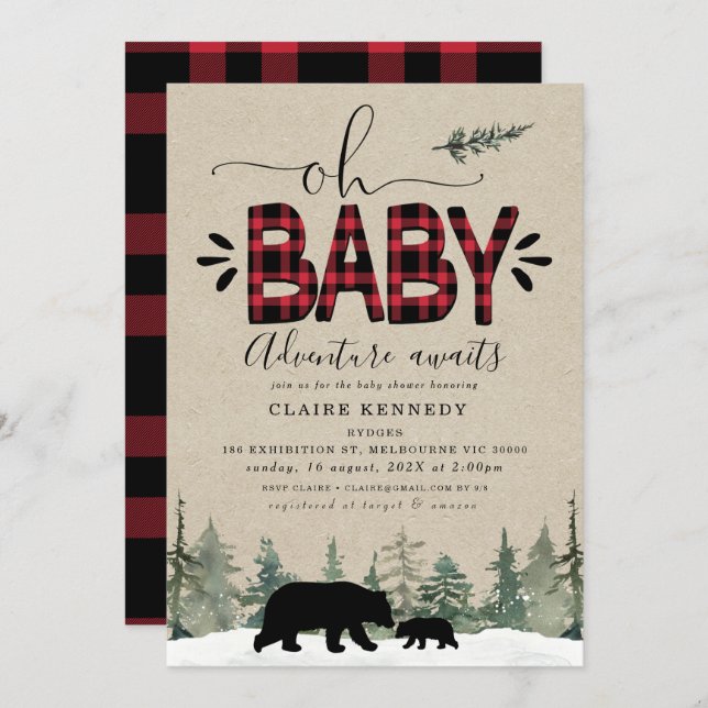 Lumberjack Oh Baby Flannel Baby Shower Invitation (Front/Back)