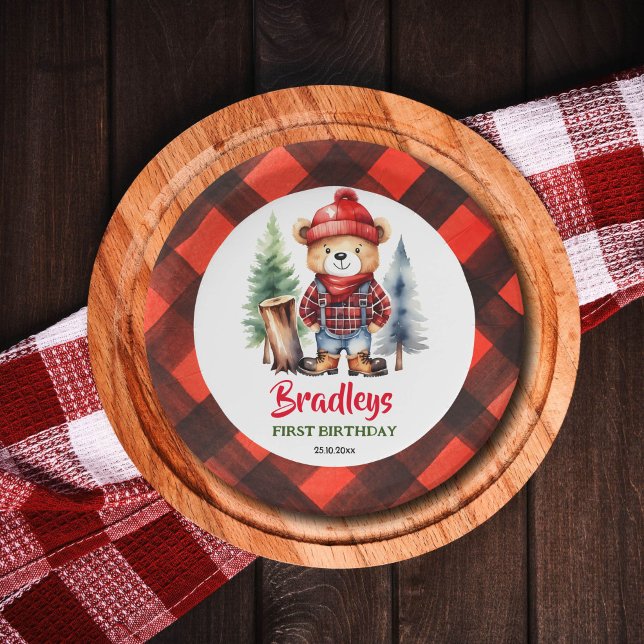 Lumberjack party tableware cute teddy bear paper plates (Lumberjack party plates cute little lumberjack teddy bear in clothes and boots log fir trees)