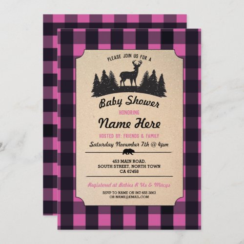 Lumberjack Pink Baby Shower Woodland Invite