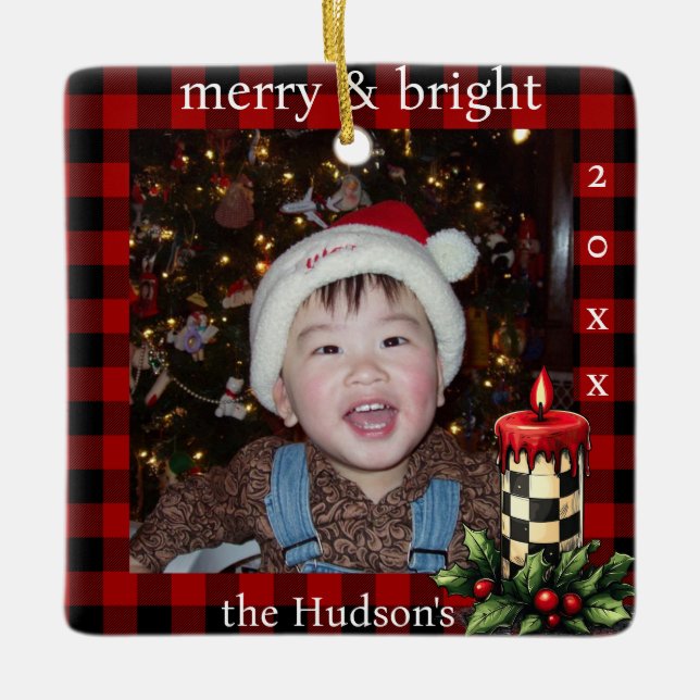 Lumberjack Plaid and Holiday Candle Photo Ornament (Front)