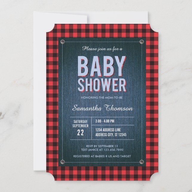 Lumberjack Plaid and Jean Baby Shower Invitation (Front)