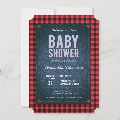 Lumberjack Plaid and Jean Baby Shower Invitation