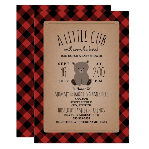 Lumberjack Plaid Bear Cub Baby Shower Invitation