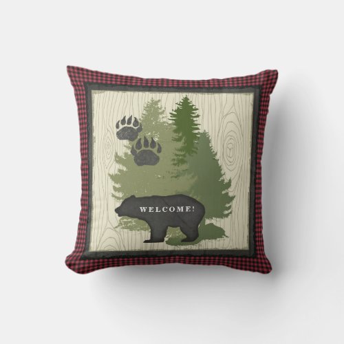 Lumberjack Plaid Bear Paw Welcome Sign Cabin Outdoor Pillow