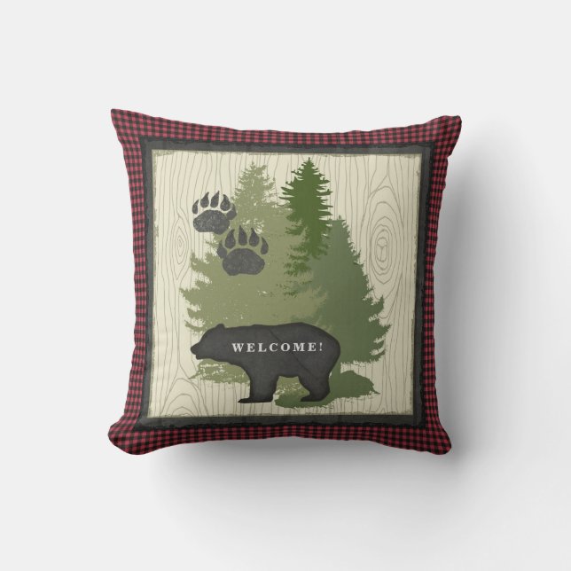 Lumberjack Plaid Bear Paw Welcome Sign Cabin Outdoor Pillow (Front)