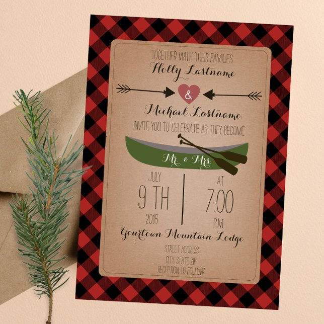 Lumberjack Plaid Canoe + Arrows Wedding Invitation (Creator Uploaded)