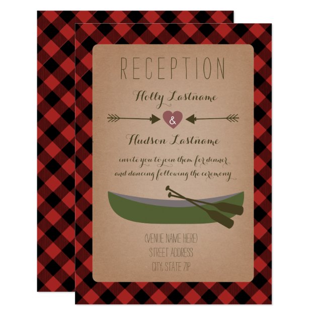 Lumberjack Plaid Canoe + Arrows Wedding Reception Card