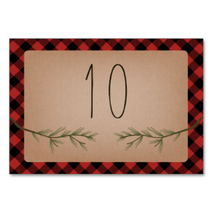 Lumberjack Plaid Evergreen Branches Wedding Table Number