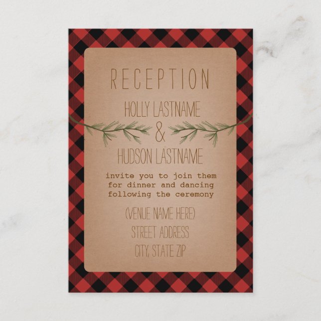 Lumberjack Plaid Evergreen Wedding Reception Enclosure Card (Front)