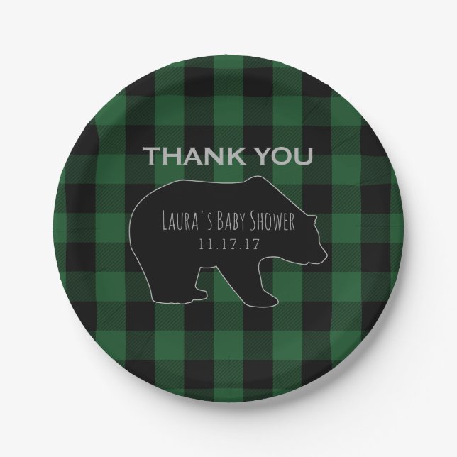 Lumberjack Plaid Green | Woodland Boy Baby Shower Paper Plates (Front)