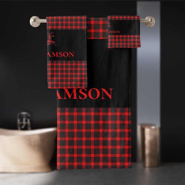 Lumberjack Plaid Monogram Deer | Red Black Bath Towel Set (Creator Uploaded)
