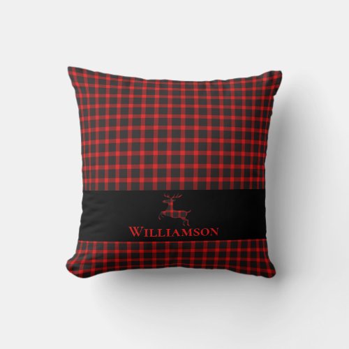 Lumberjack Plaid Monogram Deer  Red Black Throw Pillow