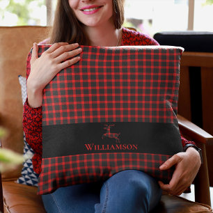 Lumberjack Plaid Monogram Deer Red Black Throw Pillow