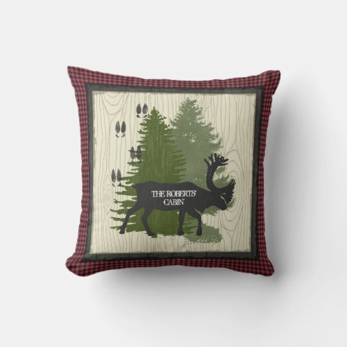 Lumberjack Plaid Moose Track n Forest Trees Cabin Throw Pillow