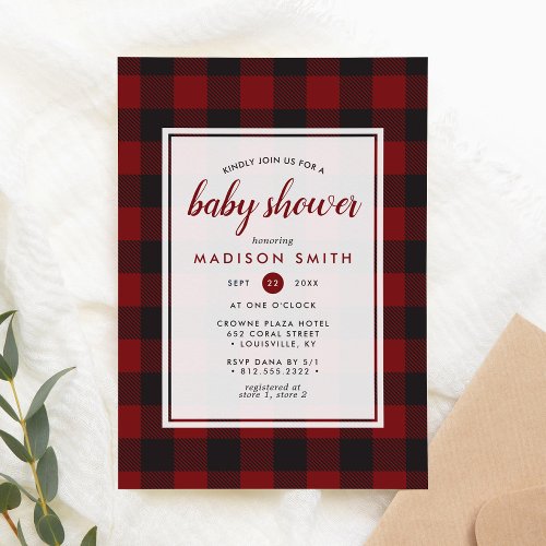 Lumberjack Plaid Red Black Rustic Baby Shower Invitation