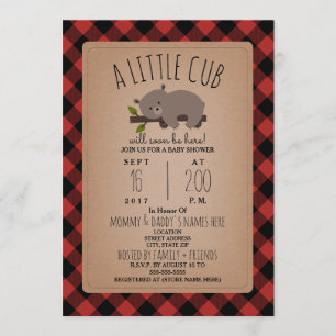 Lumberjack Plaid Sleepy Bear Cub Baby Shower Invitation