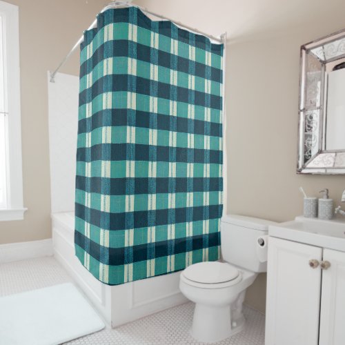 Lumberjack Plaid Teal Green Blue White Checker Shower Curtain