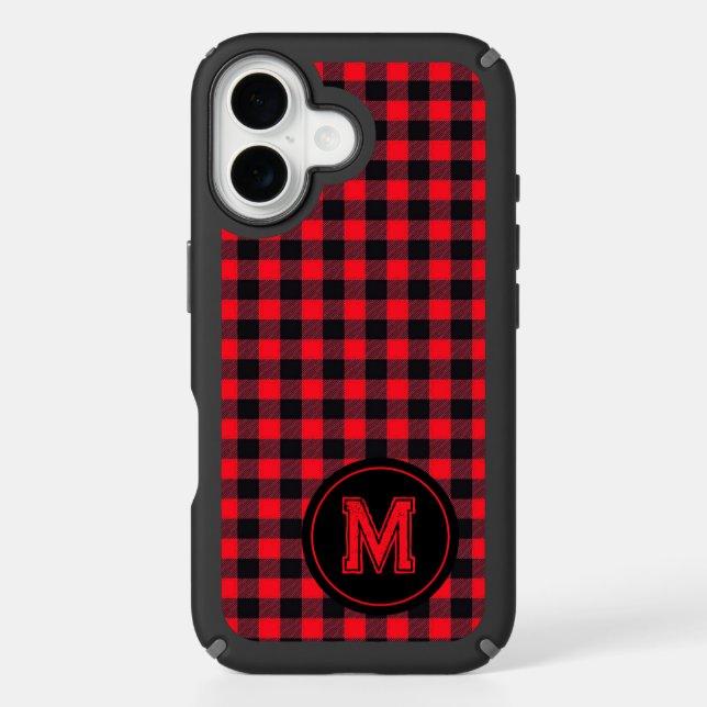 Lumberjack Red and Black Buffalo Plaid Monogram Speck iPhone Case (Front)