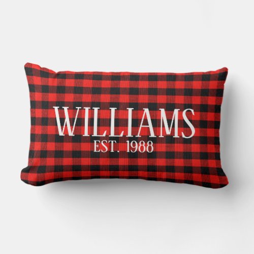 lumberjack red and black plaid with family name lumbar pillow