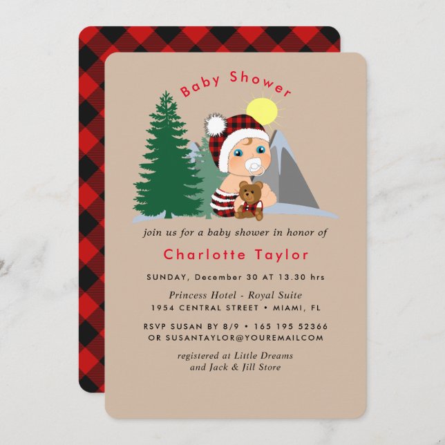 Lumberjack Red Black Plaid Cute Baby Shower Invitation (Front/Back)