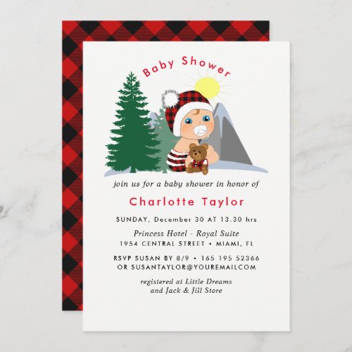 Lumberjack Red Black Plaid Cute Baby Shower Invitation
