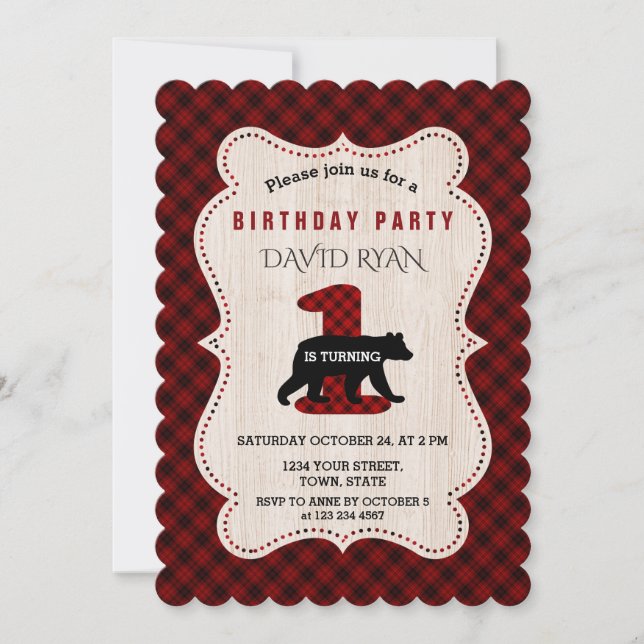 Lumberjack Red Buffalo Bear Birthday ONE Invitation (Front)