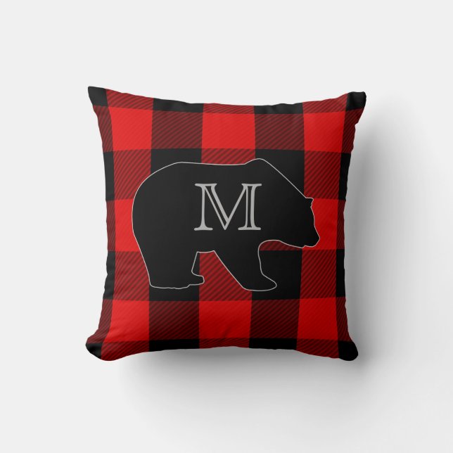 Lumberjack Red Buffalo Check | Monogram Bear Throw Pillow (Front)