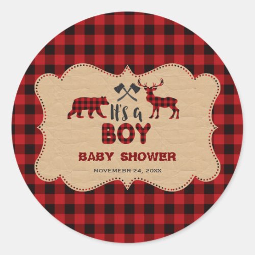 Lumberjack Red Buffalo Little Hunter Baby Shower Classic Round Sticker