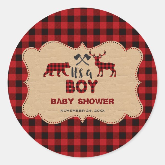 Lumberjack Red Buffalo Little Hunter Baby Shower Classic Round Sticker (Front)