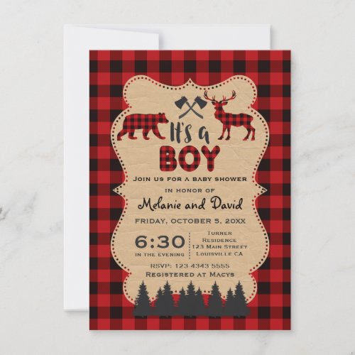 Lumberjack Red Buffalo Little Hunter Baby Shower Invitation